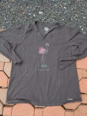 Life is Good Flamingo TAKE IT SLOW Womens V Neck T Shirt Size Large